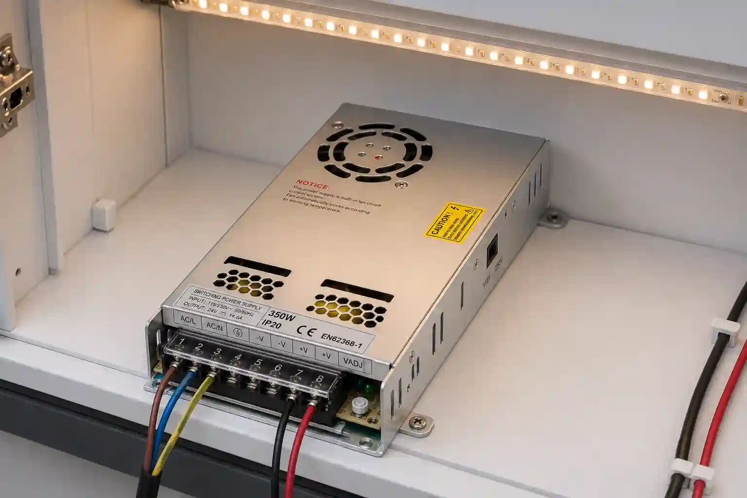 Derating křivka LED napájecího zdroje 24V 350W — závislost výkonu na teplotě a statická charakteristika